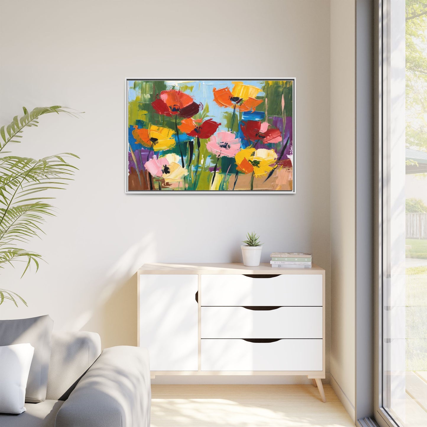 Framed Floral Canvas Print — Colorful Abstract Poppy Artwork