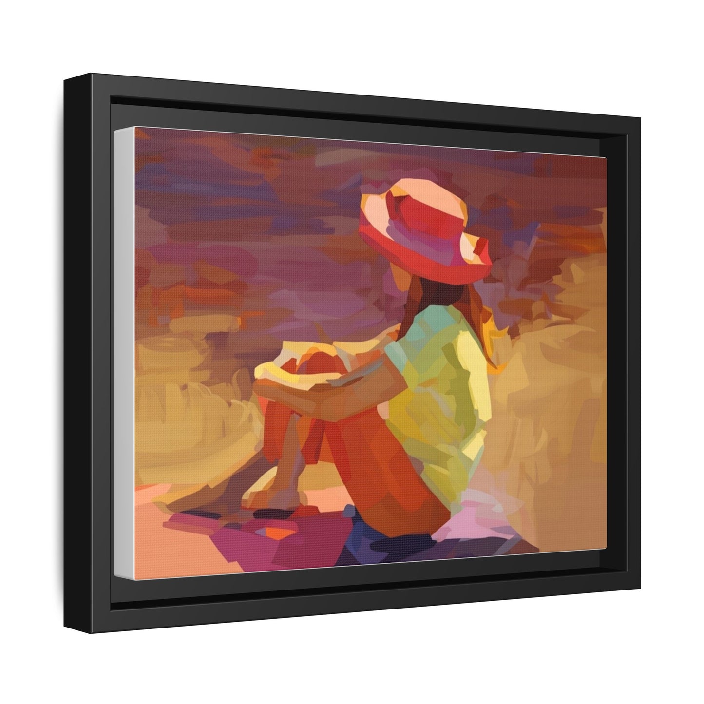 Framed Matte Canvas — Colorful Seated Girl Beach Art