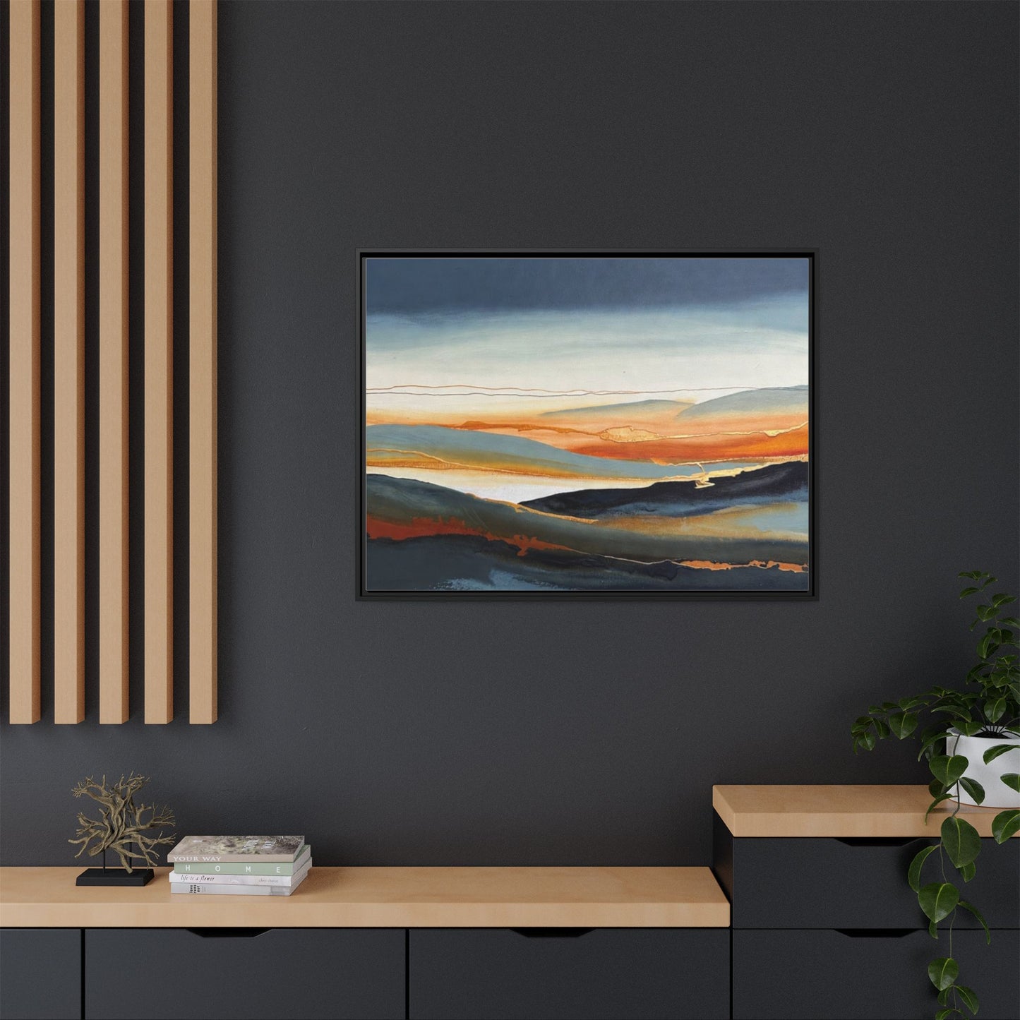Framed Matte Canvas: Abstract Coastal Sunset Landscape Wall Art