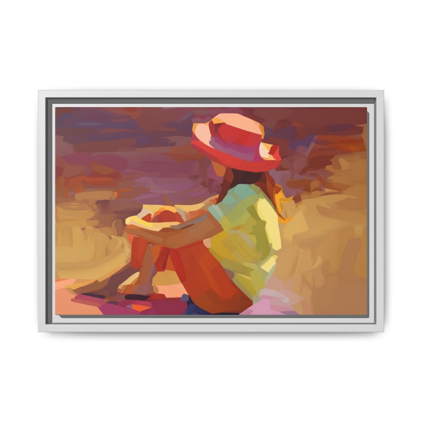 Framed Matte Canvas — Colorful Seated Girl Beach Art