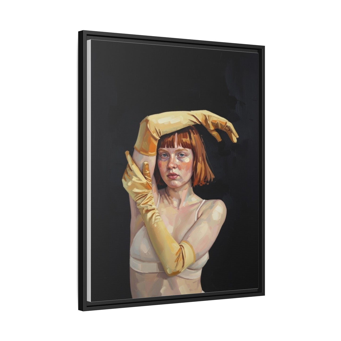 Framed Matte Canvas Art – Portrait of Woman in Yellow Gloves