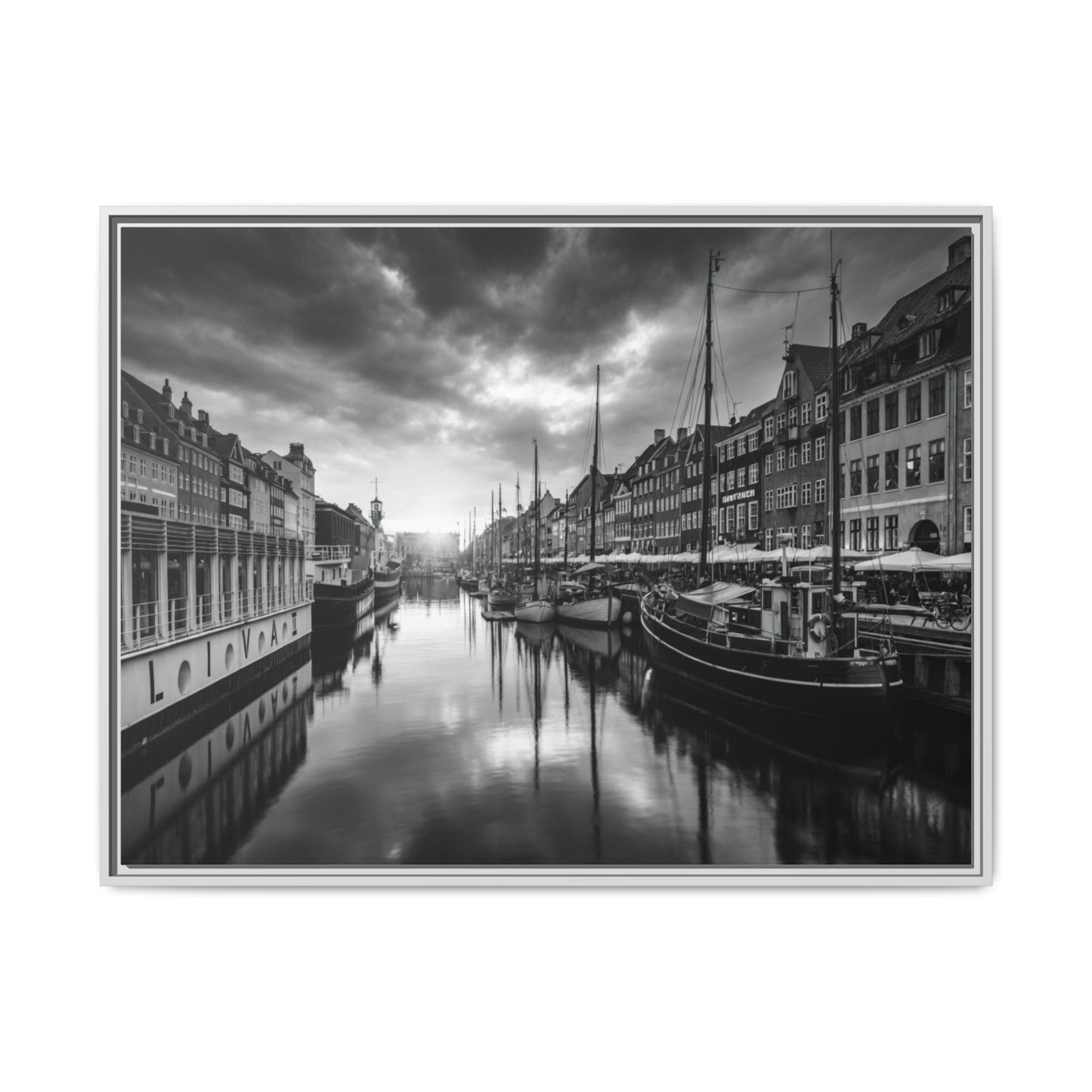 Framed Matte Canvas: Black & White Dutch Canal Photography Wall Art