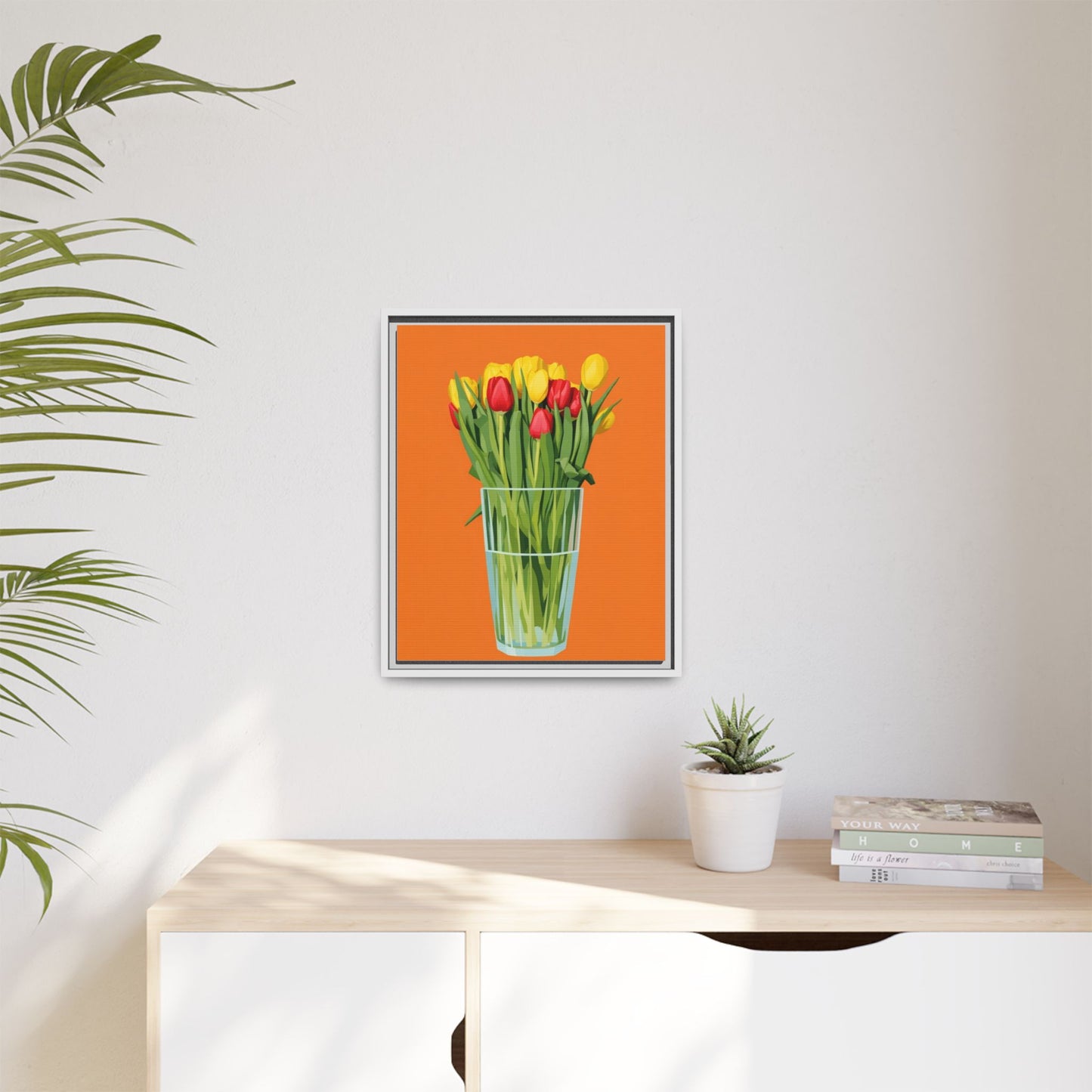 Framed Tulip Canvas Print — Colorful Tulips in Glass Vase