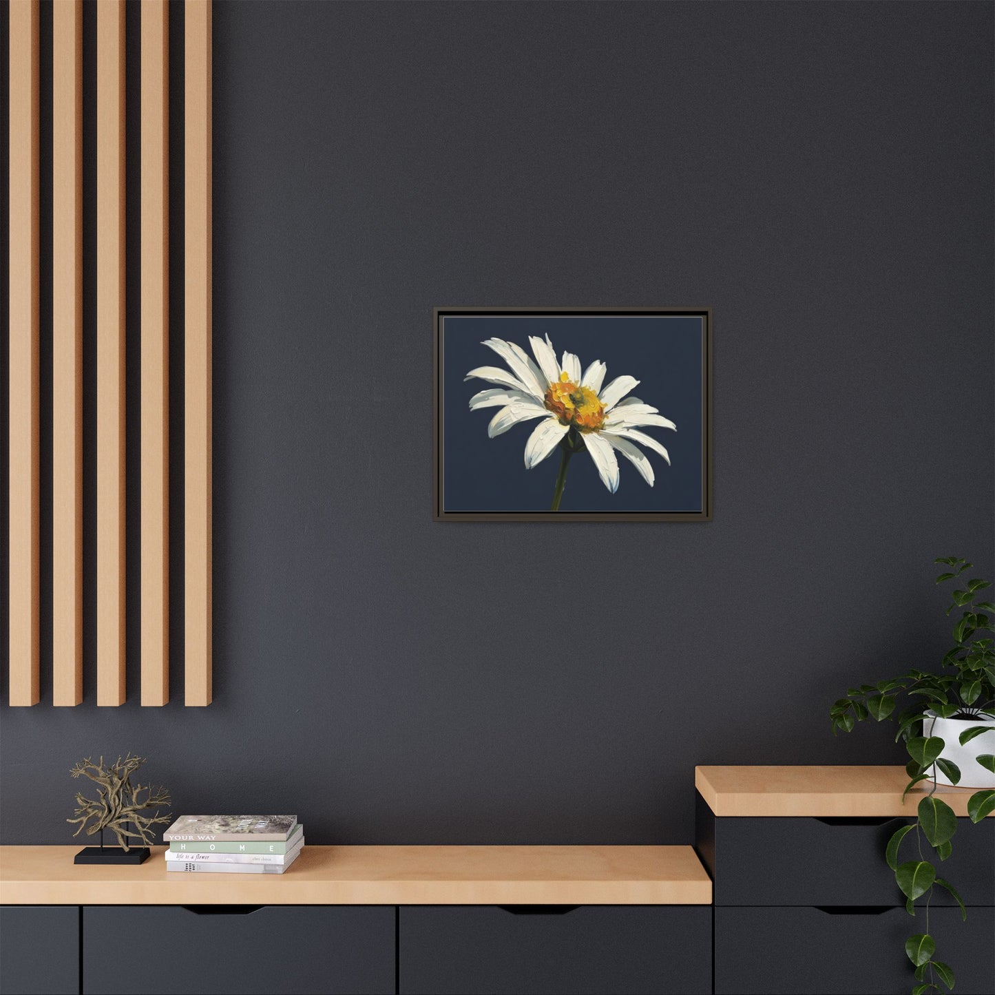 Framed Matte Canvas Daisy Wall Art — White Floral Painting on Navy