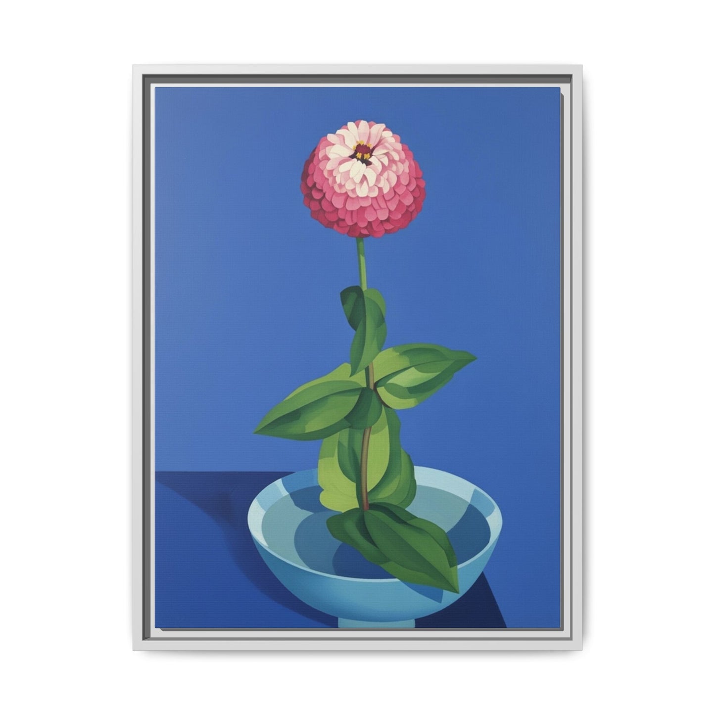Framed Matte Canvas Art — Pink Zinnia in Blue Bowl (Botanical Still Life)