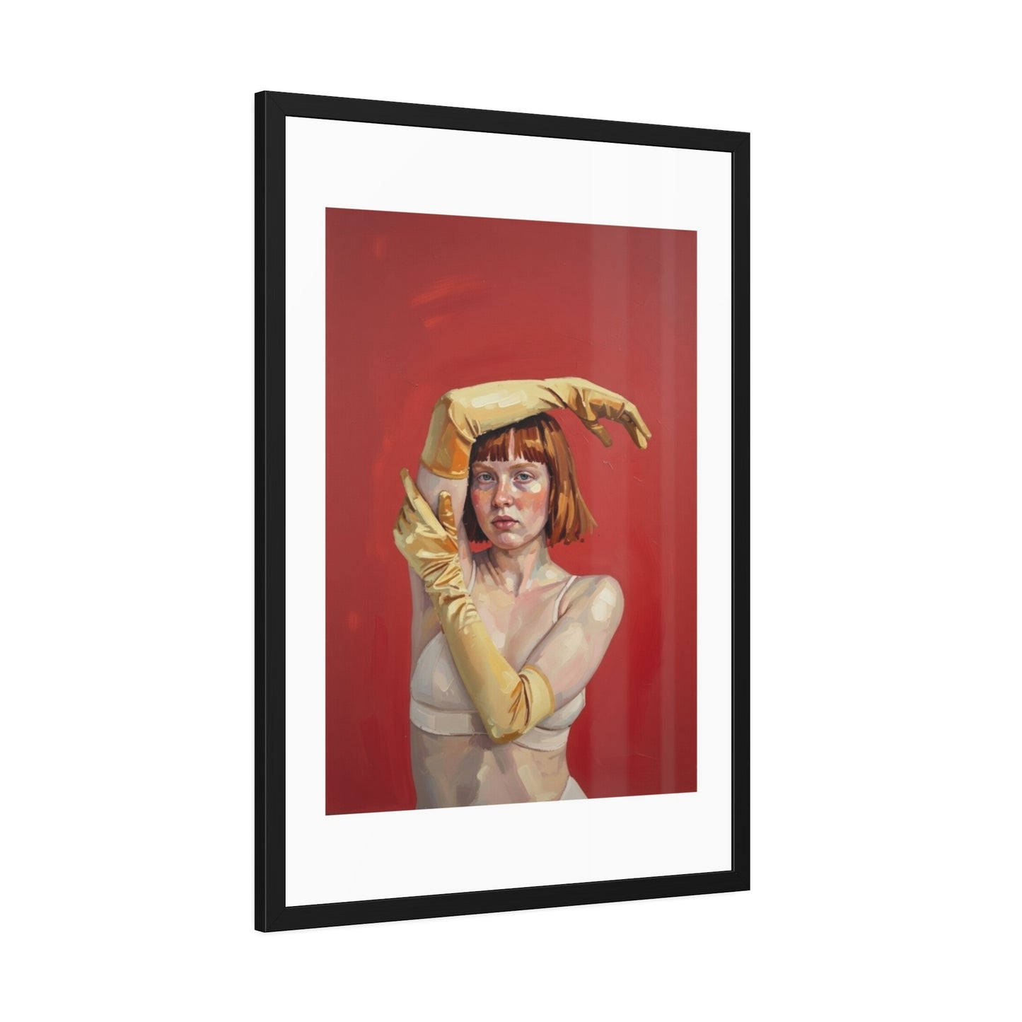 Framed Art Print — Retro Portrait with Yellow Gloves on Red Background