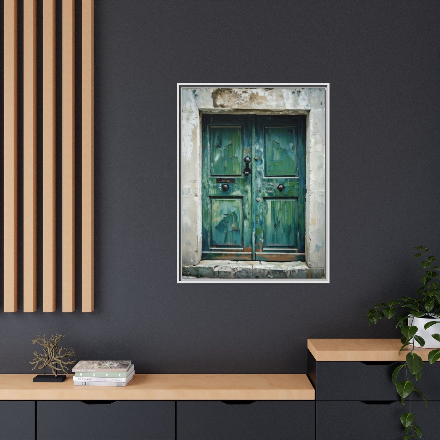 Framed Matte Canvas Art — Weathered Green Door Wall Print