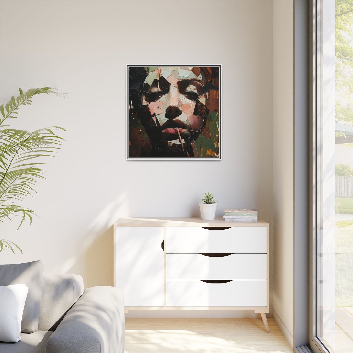 Matte Framed Canvas Art — Abstract Female Portrait, Moody Multicolor