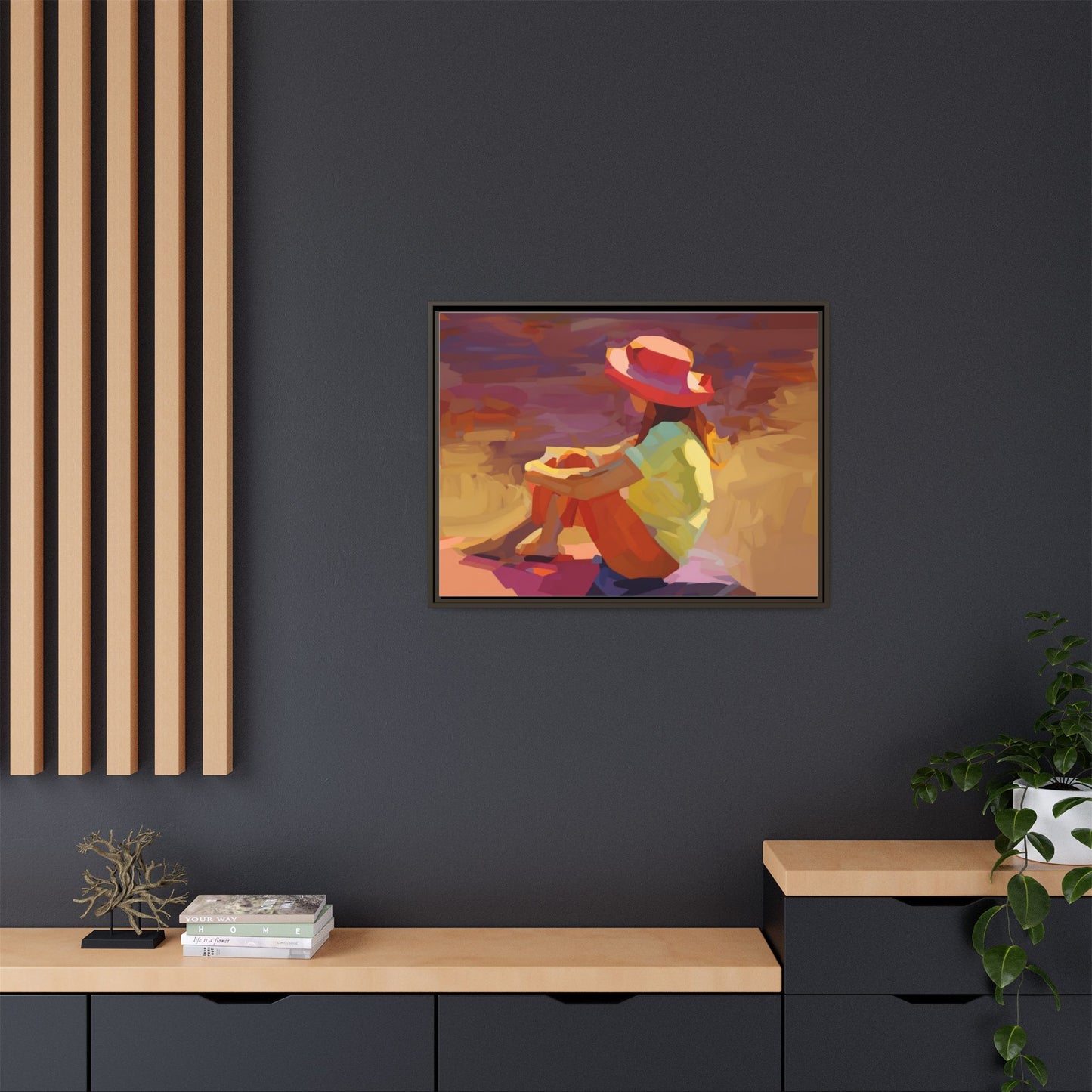 Framed Matte Canvas — Colorful Seated Girl Beach Art