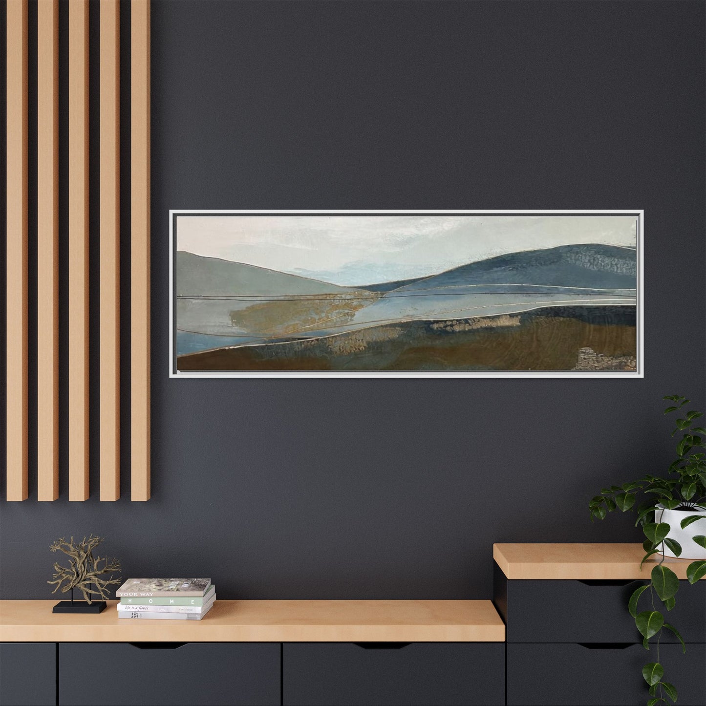 Framed Matte Canvas Landscape Art - Serene Abstract Hills in Blue & Earth Tones