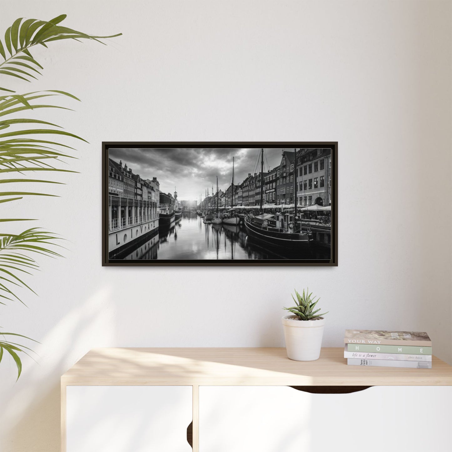 Framed Matte Canvas: Black & White Dutch Canal Photography Wall Art