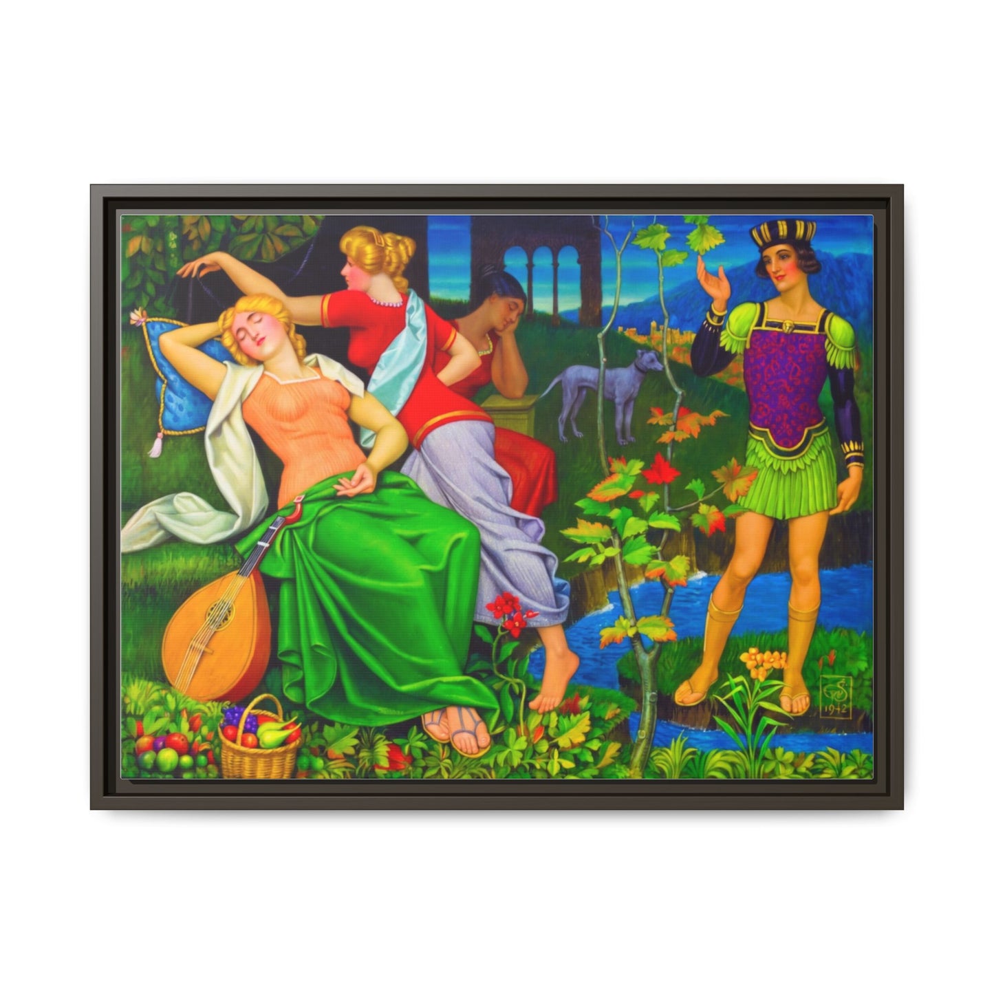 Framed Matte Canvas Art — Colorful Mythic Garden Scene