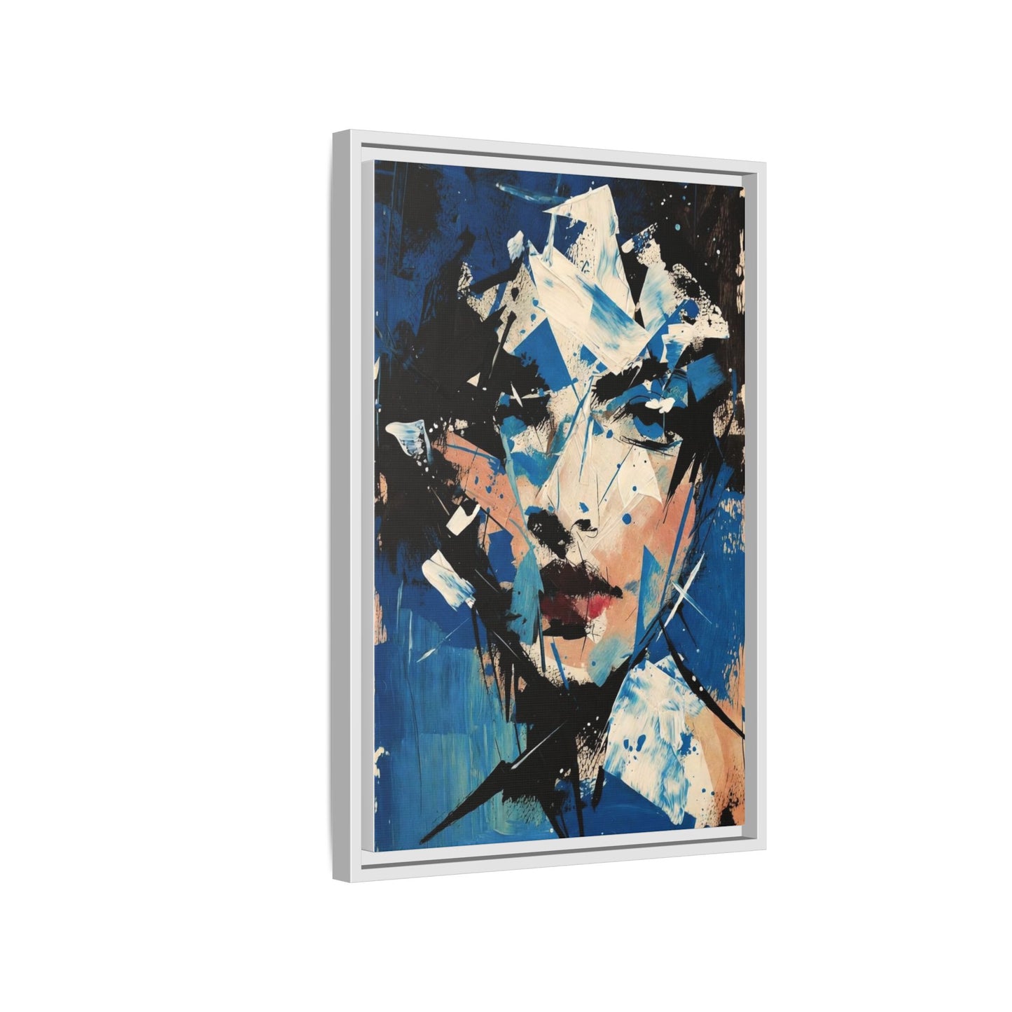 Abstract Portrait Matte Canvas Framed Wall Art — Blue Mixed-Media Face Print