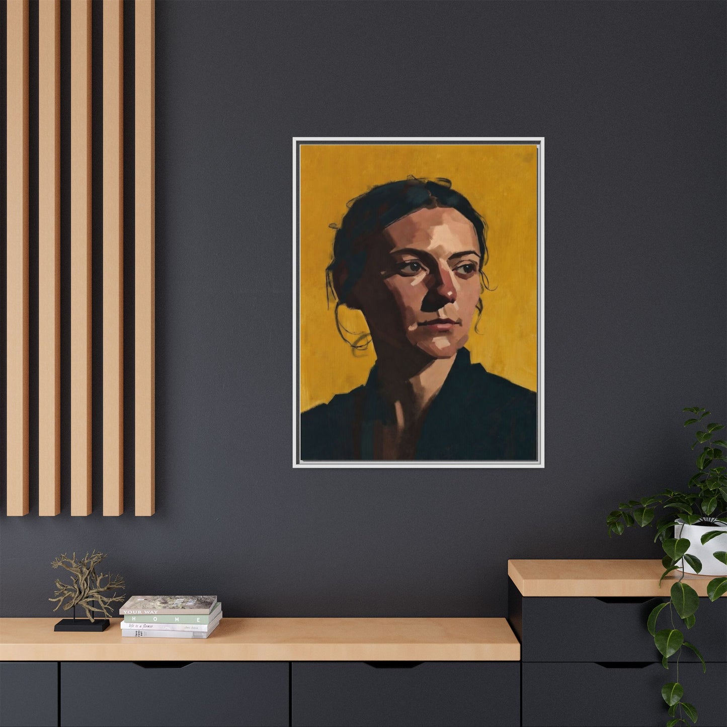 Framed Matte Canvas Portrait Art — Moody Woman on Mustard Background