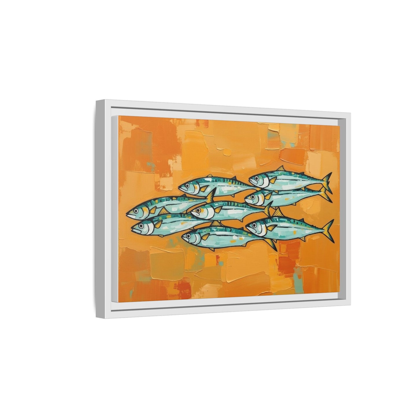 Framed Matte Canvas Print — School of Blue Fish on Orange Abstract Background