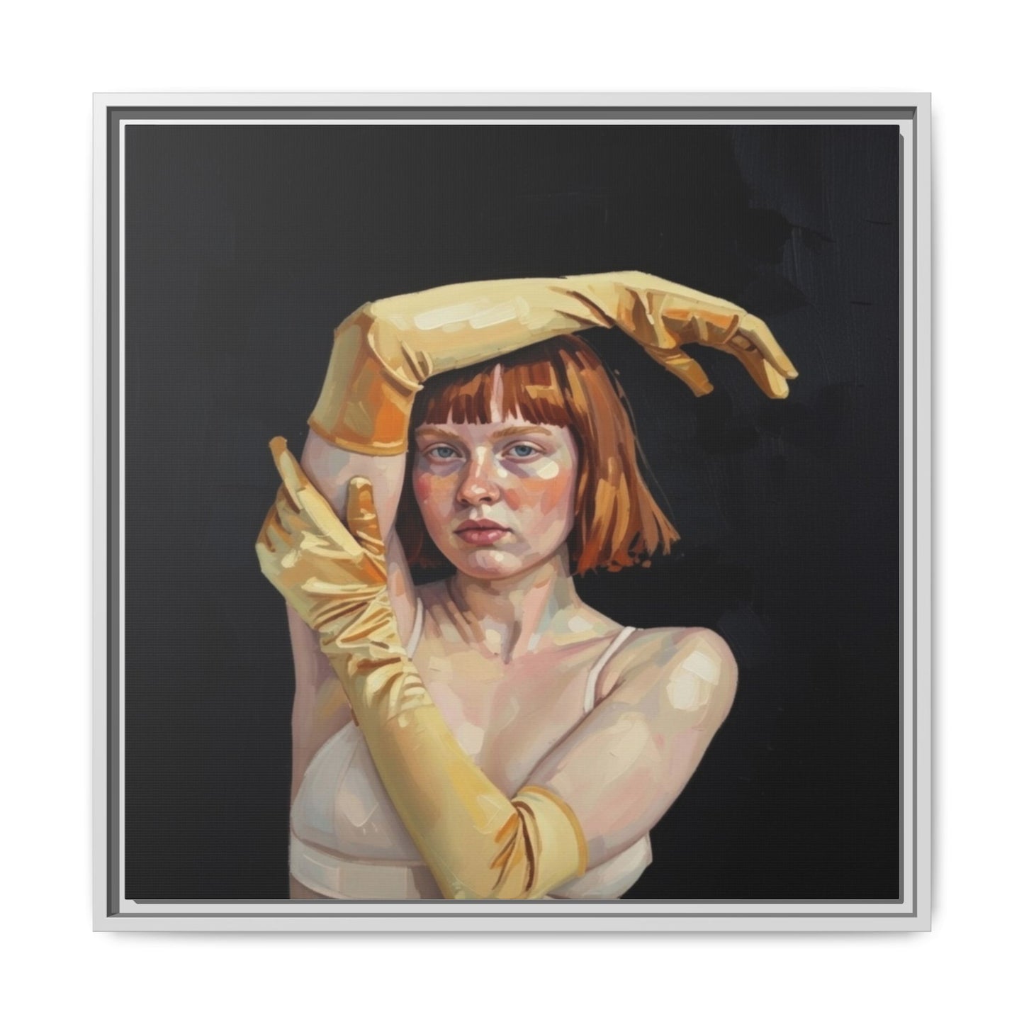 Framed Matte Canvas Art – Portrait of Woman in Yellow Gloves