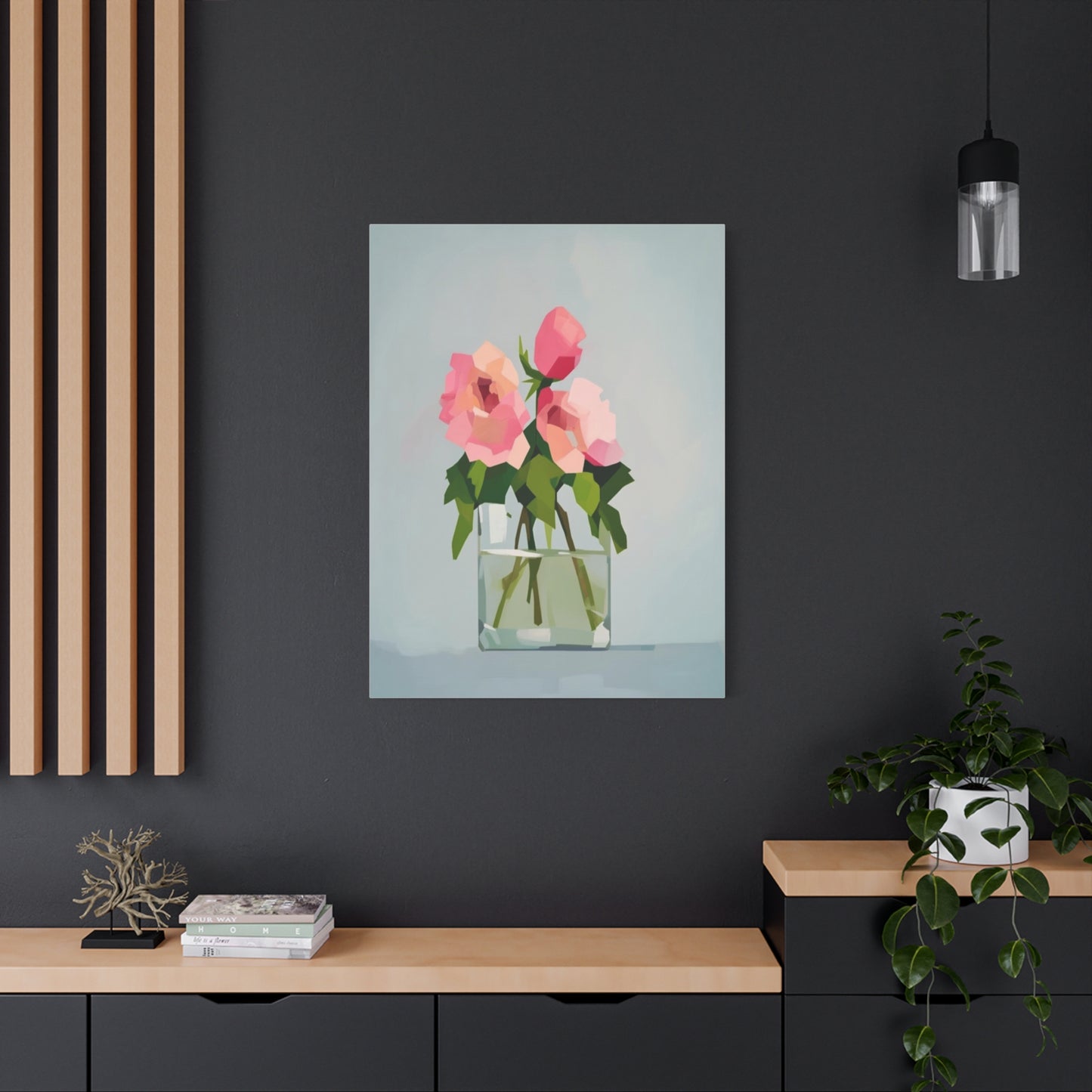 Pink Roses in Square Vase - Matte Stretched Canvas Wall Art