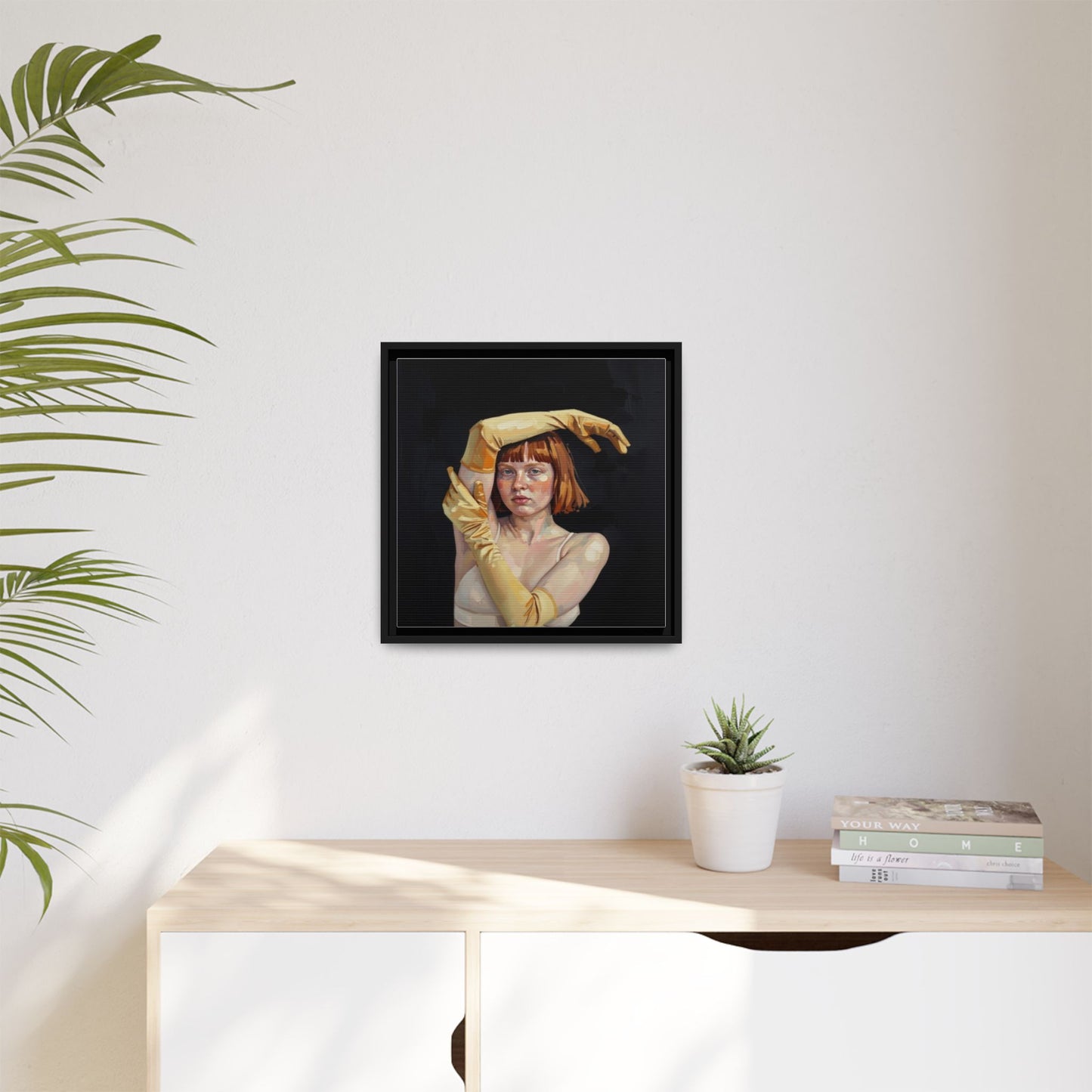 Framed Matte Canvas Art – Portrait of Woman in Yellow Gloves