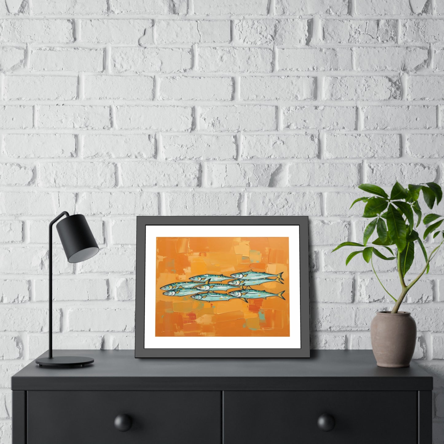 Framed Fish Art Print — School of Mackerel on Orange Abstract Background