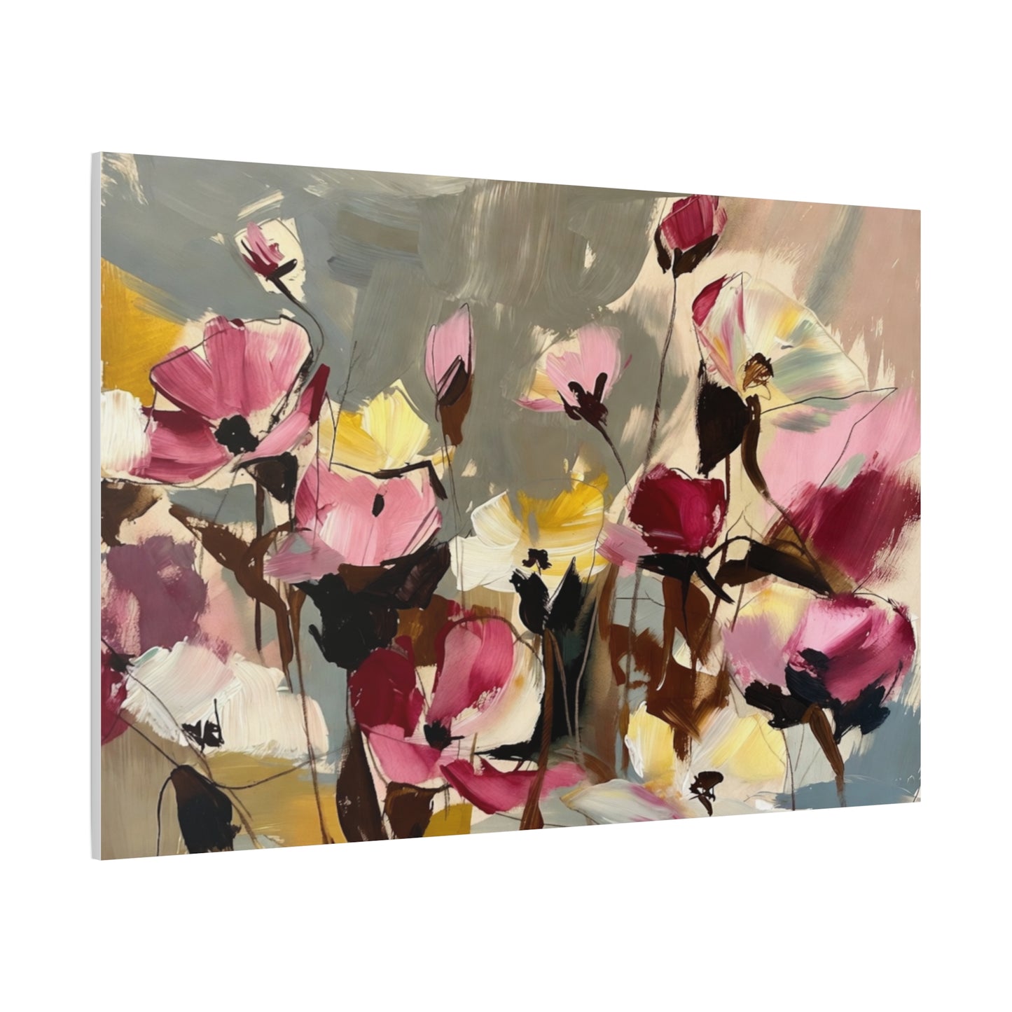 Floral Abstract Canvas Wall Art — Pink & Yellow Bloom Stretched Matte Print