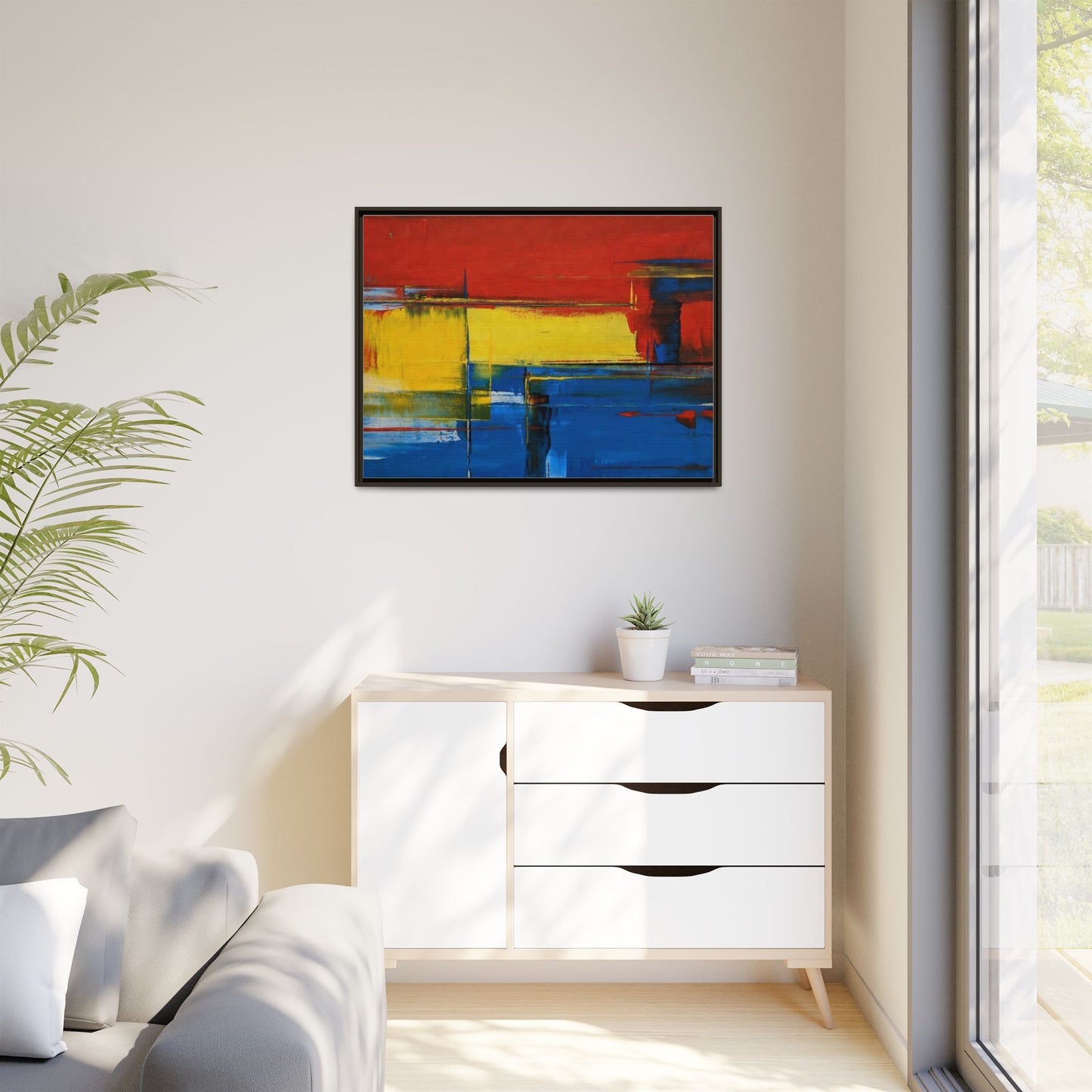 Abstract Color Block Matte Canvas Framed Wall Art — Modern Red Yellow Blue Painting