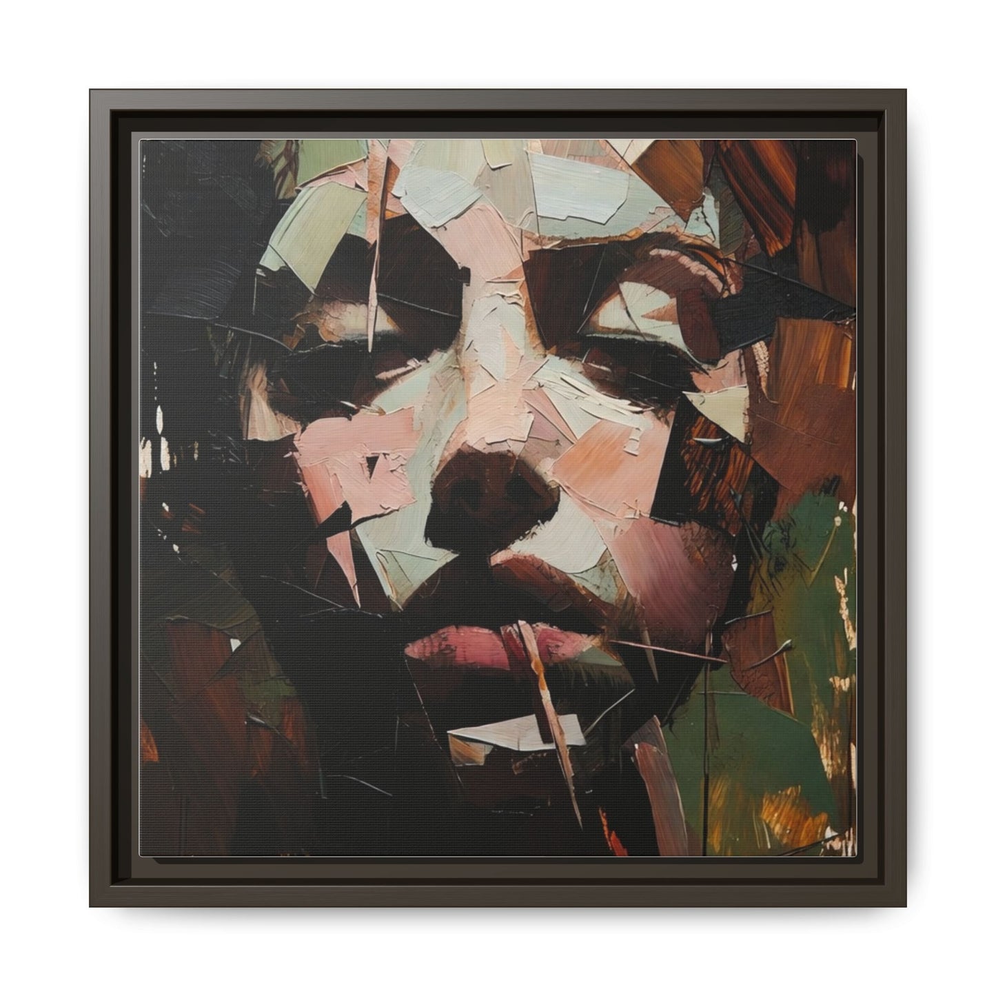 Matte Framed Canvas Art — Abstract Female Portrait, Moody Multicolor