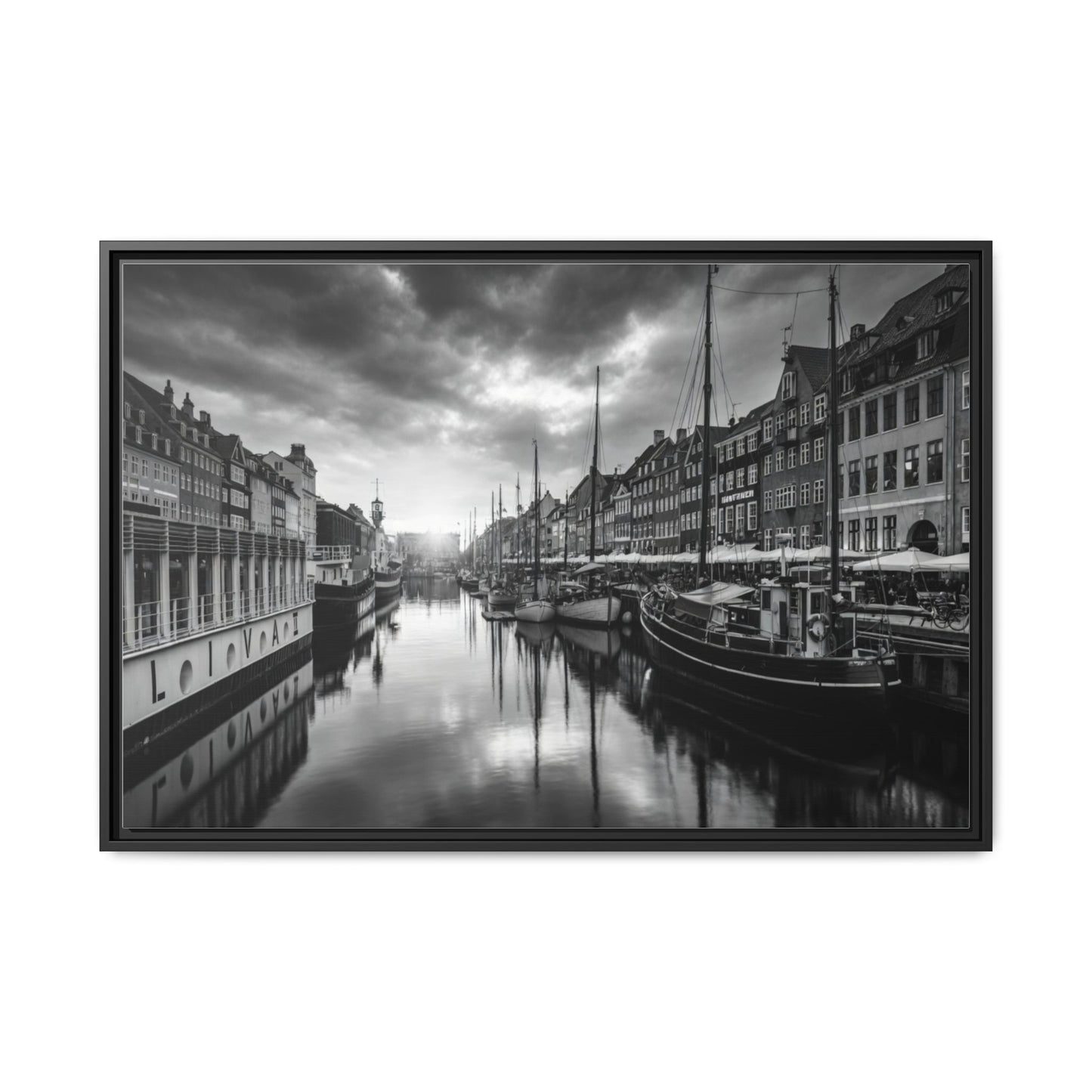 Framed Matte Canvas: Black & White Dutch Canal Photography Wall Art