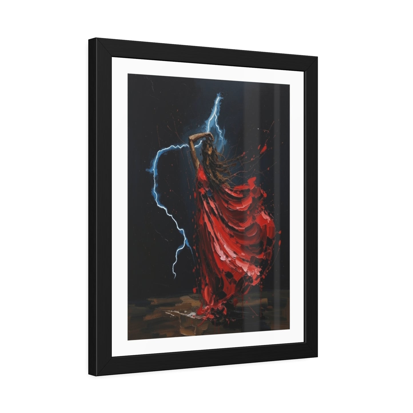 Framed Poster — Red-Dressed Dancer with Lightning Art Print