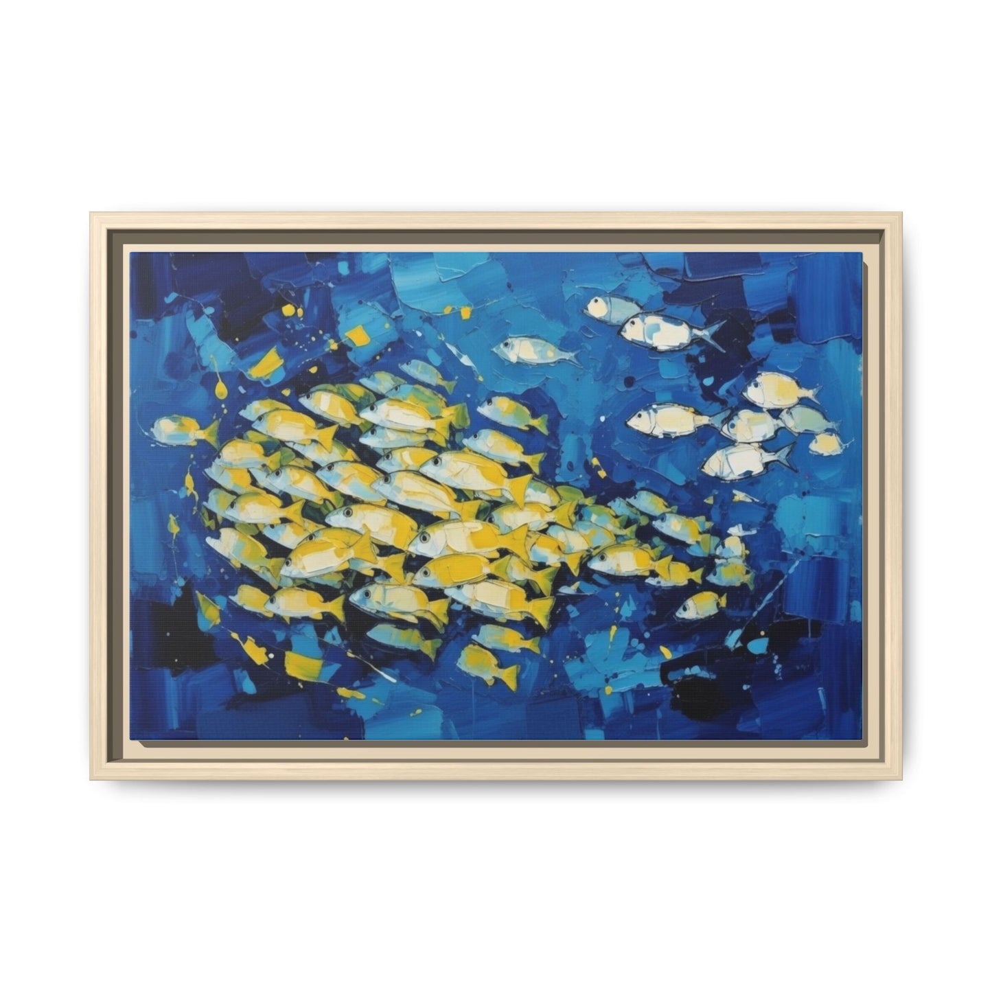 Framed Matte Canvas: Blue School of Fish Wall Art