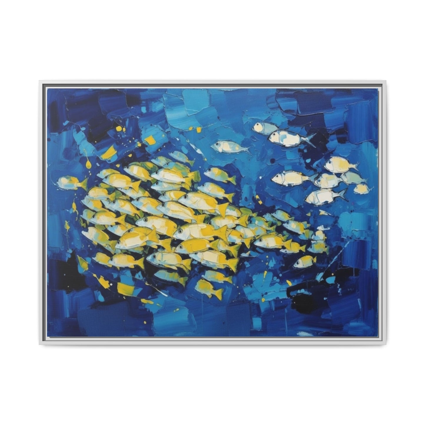 Framed Matte Canvas: Blue School of Fish Wall Art
