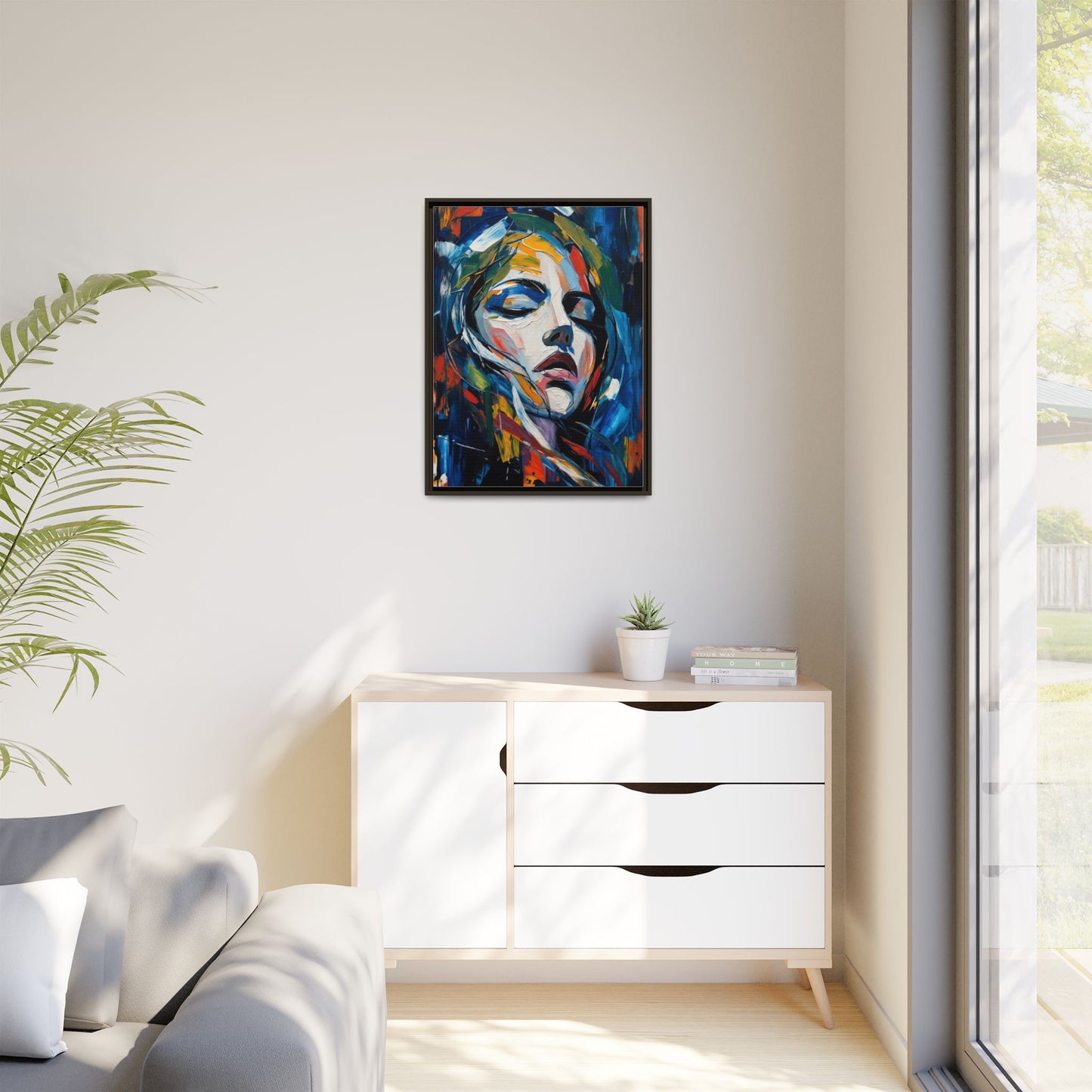 Abstract Colorful Woman Portrait — Framed Matte Canvas Wall Art
