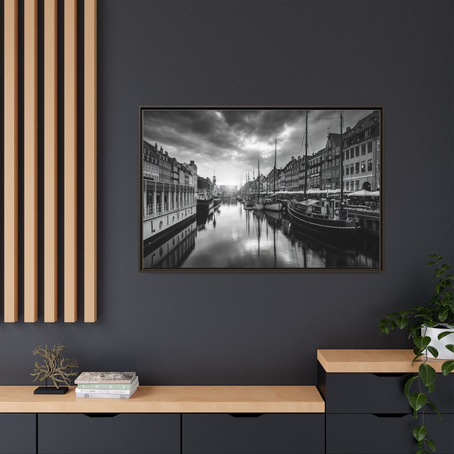 Framed Matte Canvas: Black & White Dutch Canal Photography Wall Art