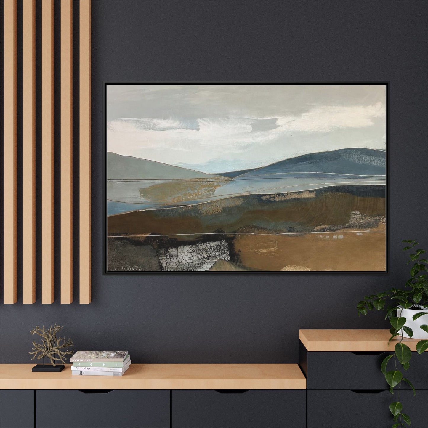 Framed Matte Canvas Landscape Art - Serene Abstract Hills in Blue & Earth Tones