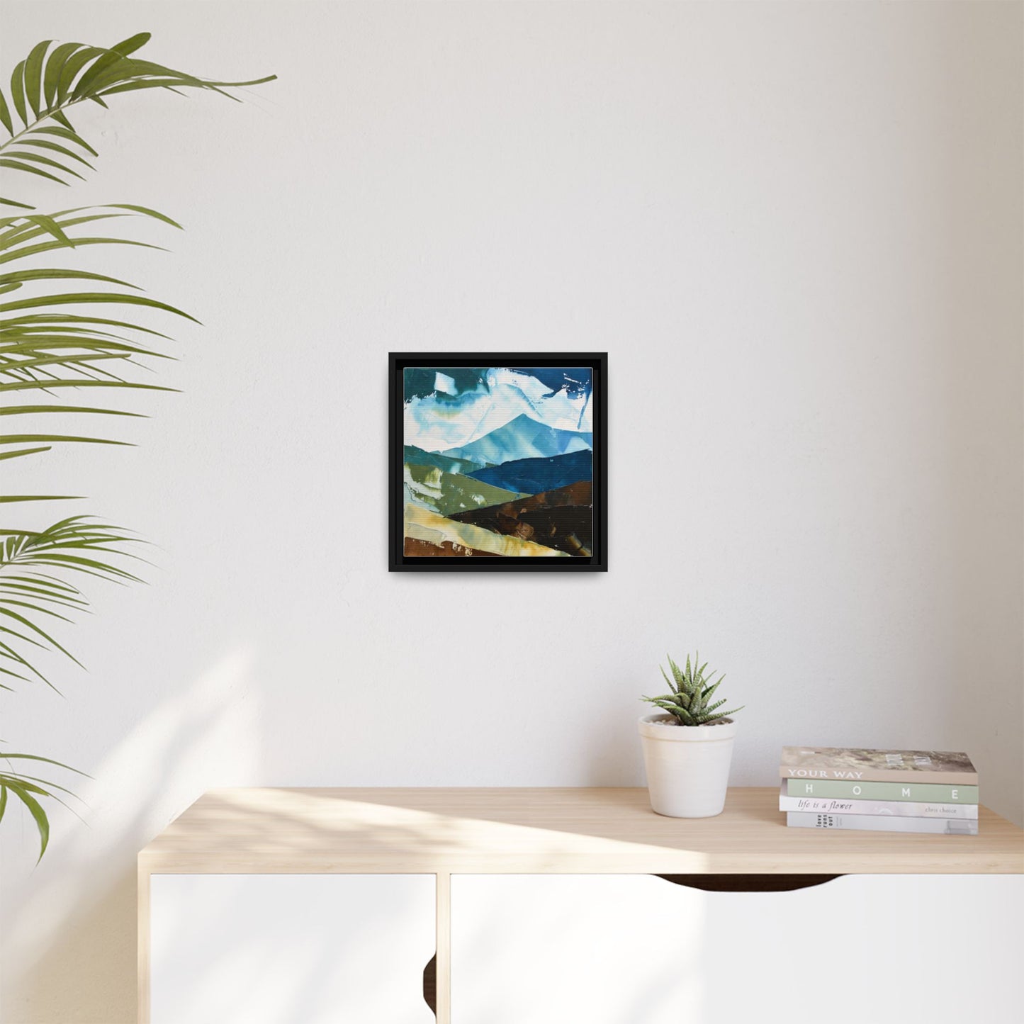 Framed Abstract Mountain Canvas Art — Blue & Earthtone Landscape Print