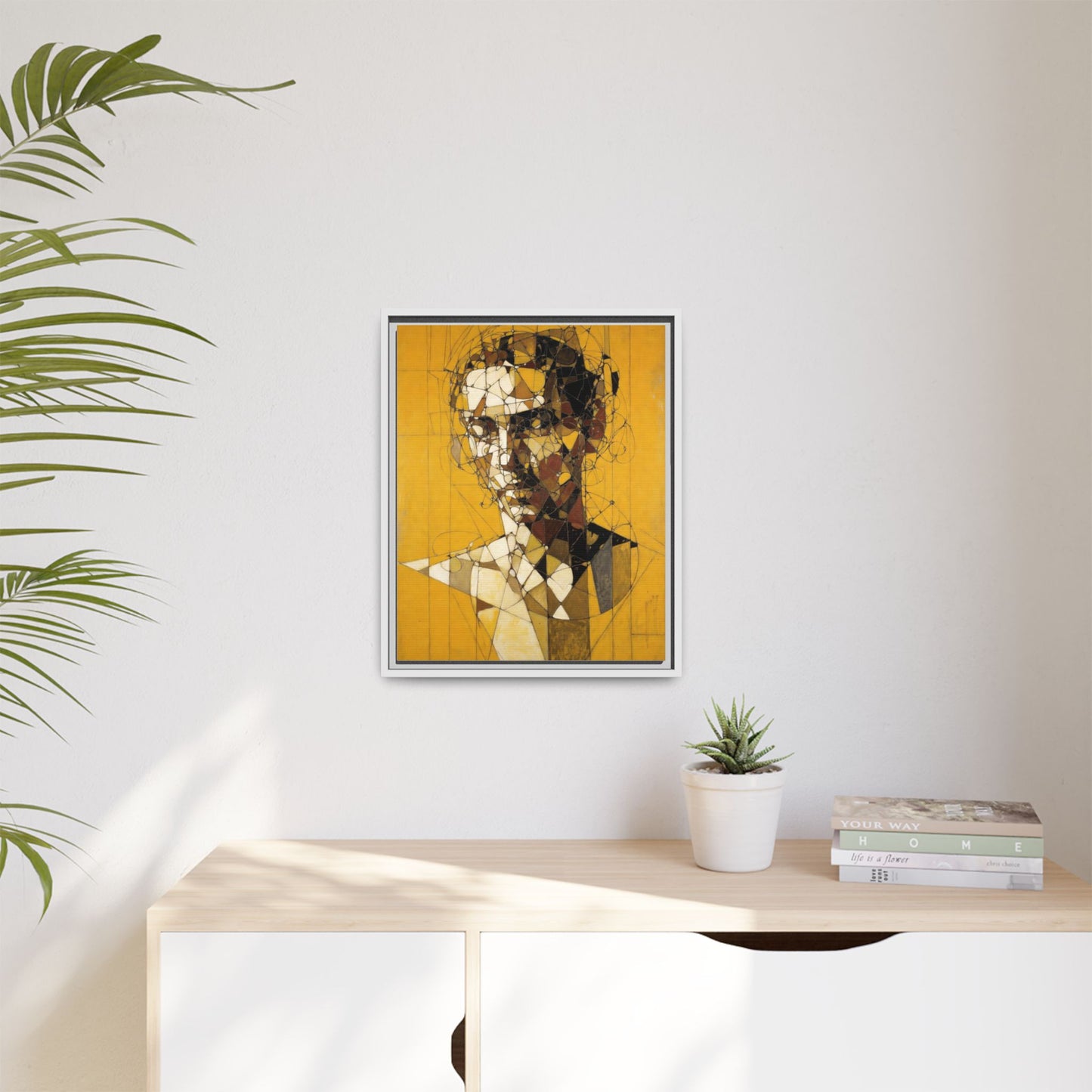 Framed Matte Canvas Art - Abstract Geometric Portrait on Mustard Yellow