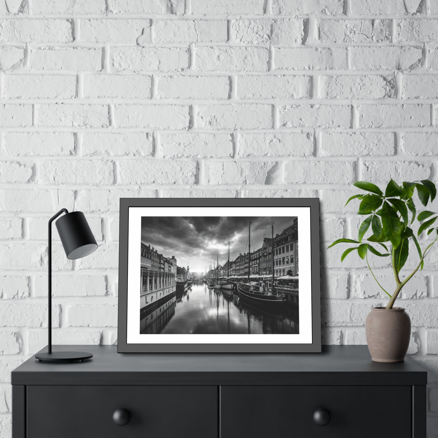 Black & White Dutch Canal Framed Photo Print — Nautical Cityscape Wall Art