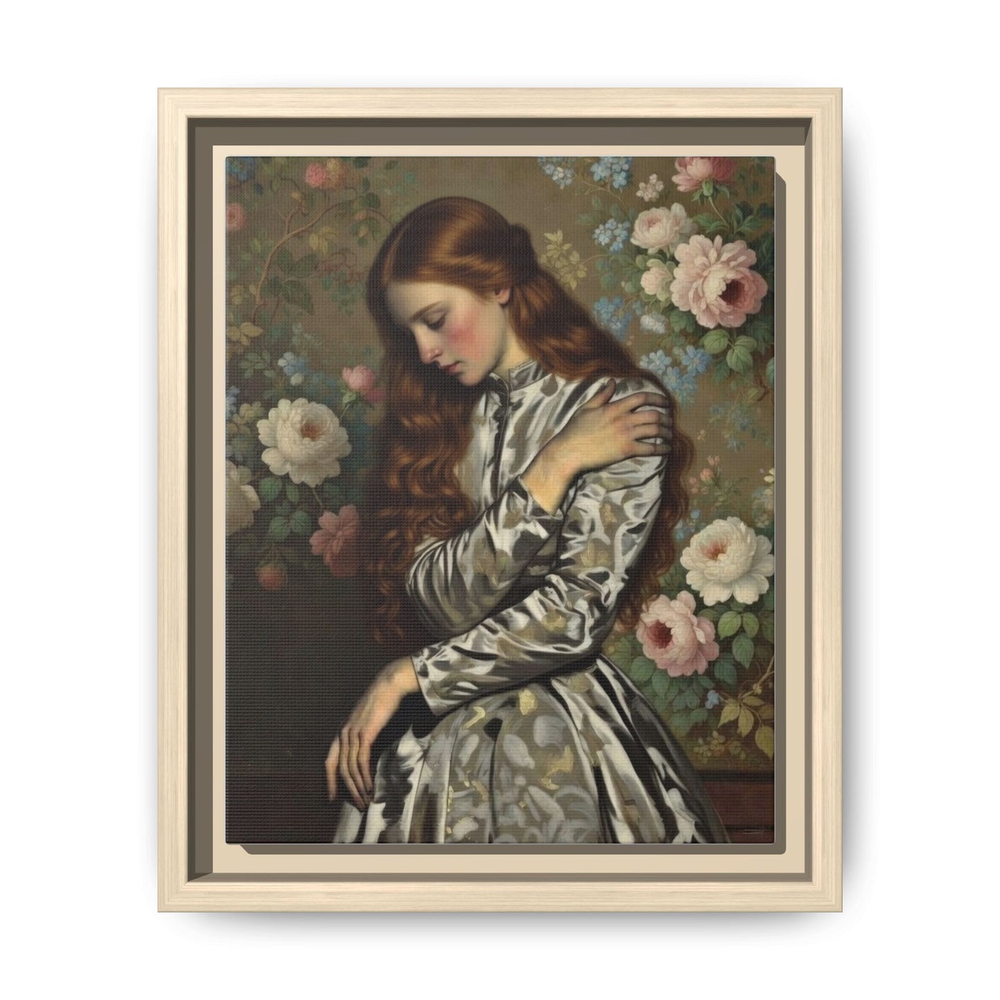 Framed Matte Canvas Art — Vintage Floral Portrait of a Young Woman
