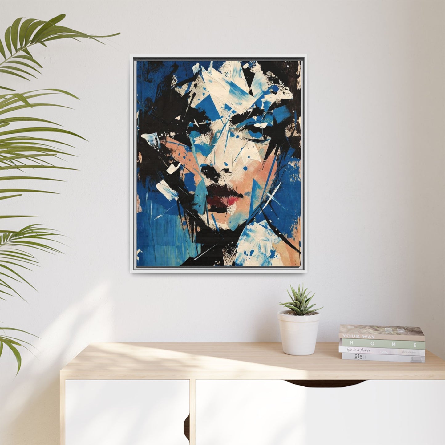 Abstract Portrait Matte Canvas Framed Wall Art — Blue Mixed-Media Face Print