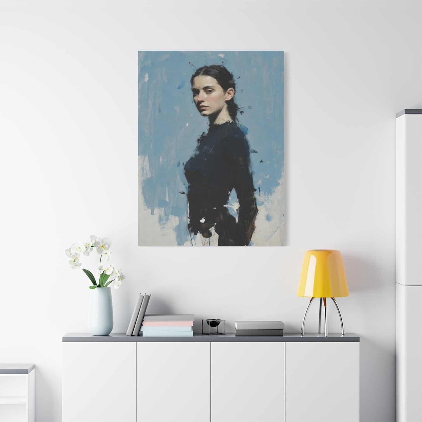 Matte Stretched Canvas Print — Portrait of a Young Woman, Moody Blue Figurative Art
