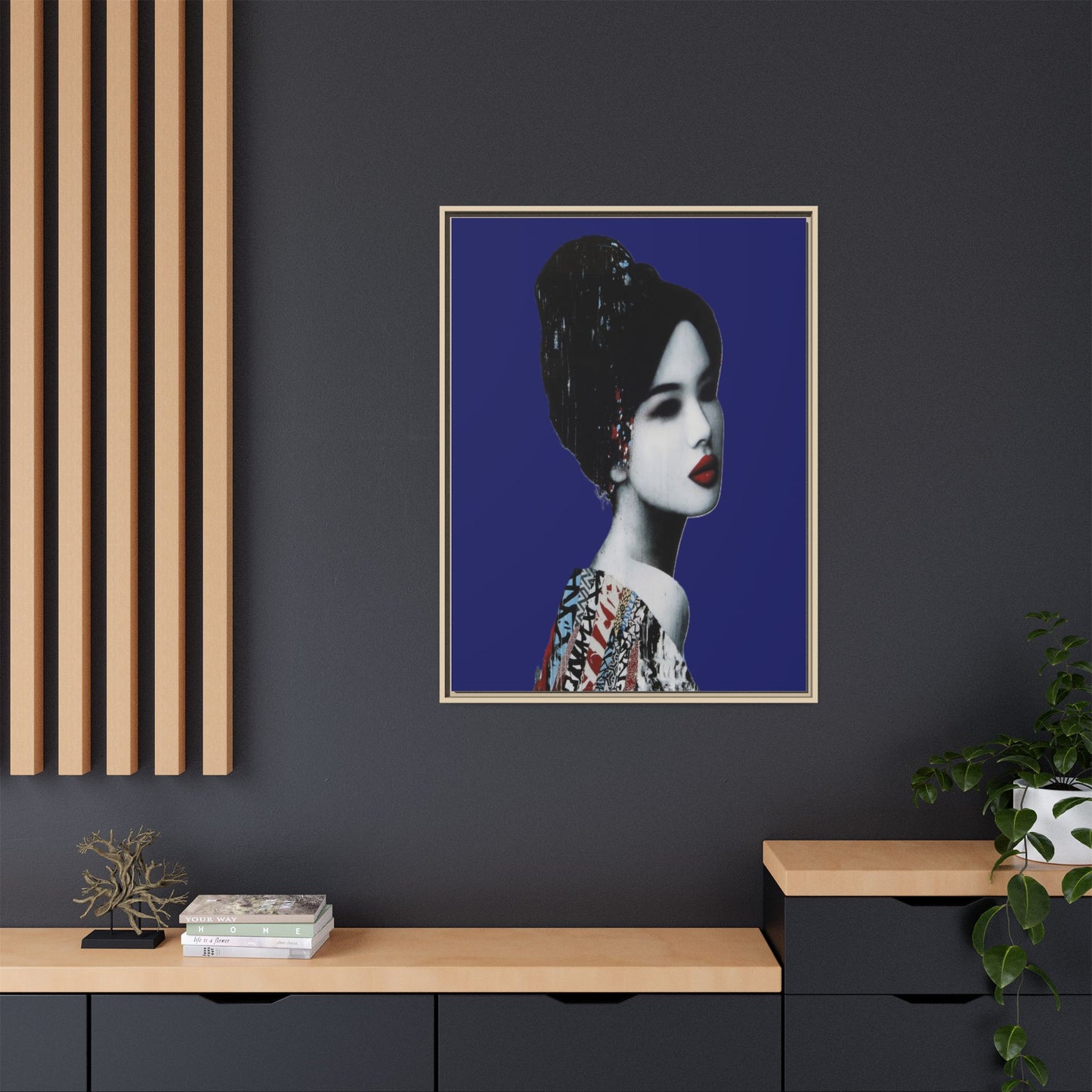 Framed Matte Canvas Art — Elegant Geisha Portrait on Deep Blue