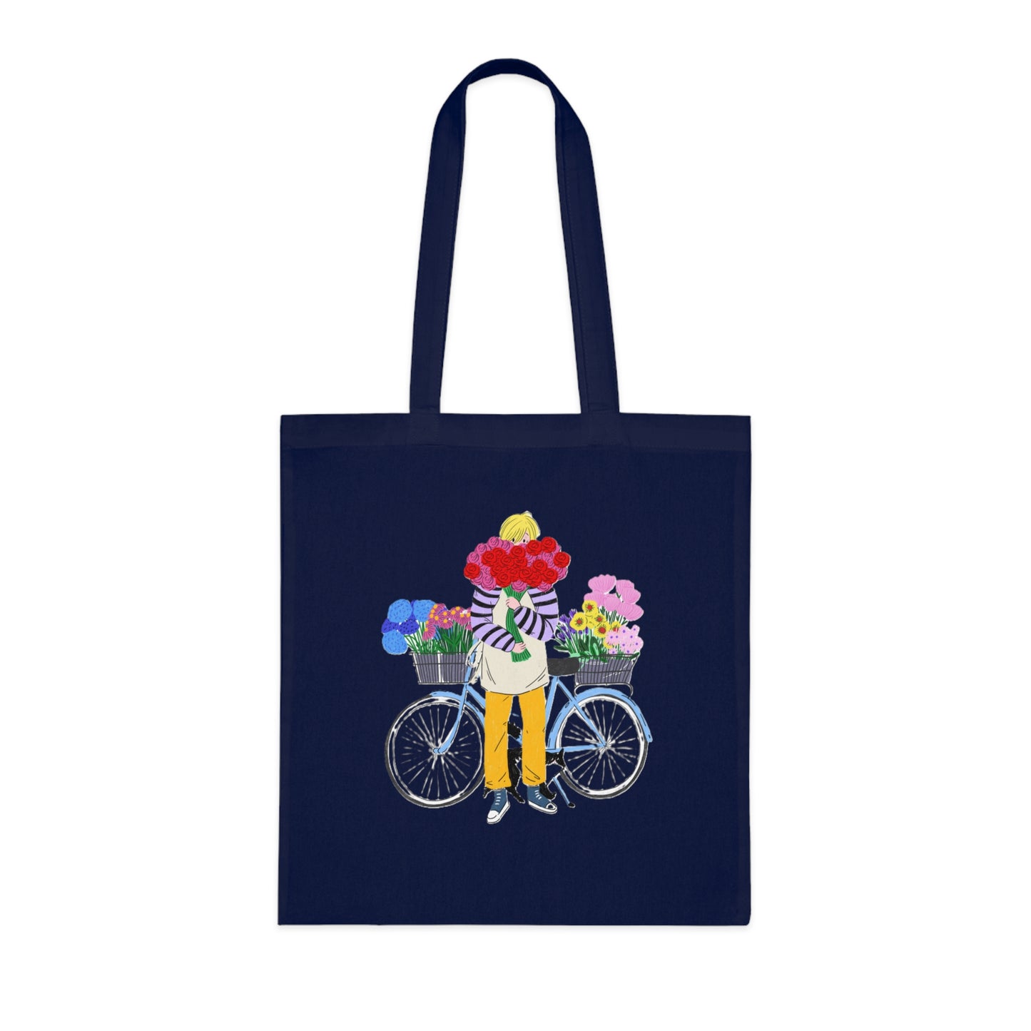 Floral Bike Tote Bag — Cotton Market Tote with Colorful Flower Bicycle Design