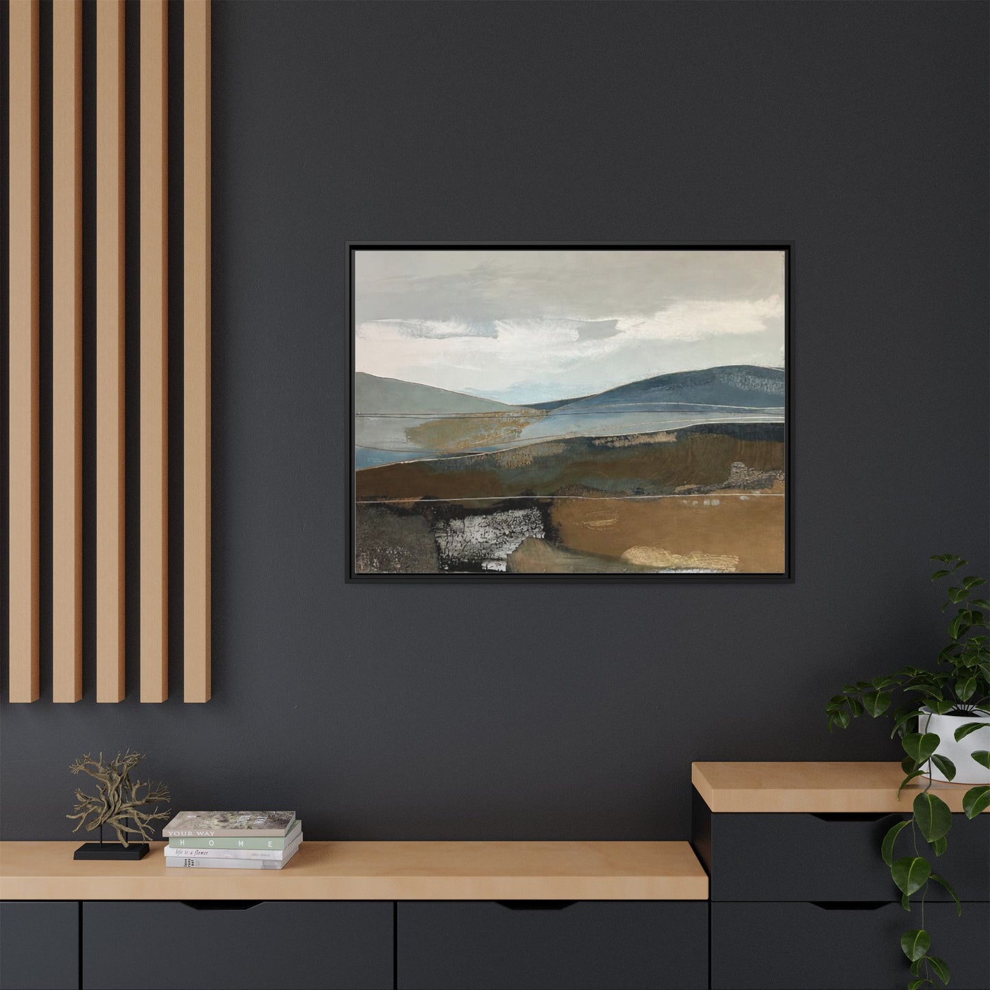 Framed Matte Canvas Landscape Art - Serene Abstract Hills in Blue & Earth Tones