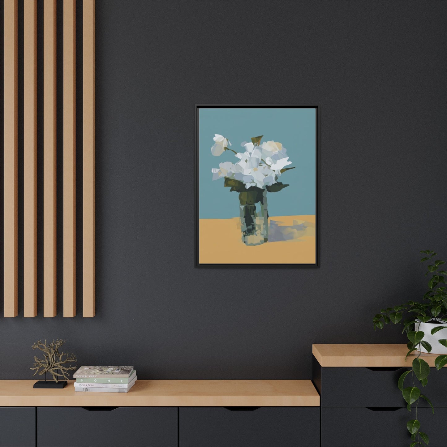 Framed Floral Still Life Canvas Art — Modern White Bouquet Wall Art