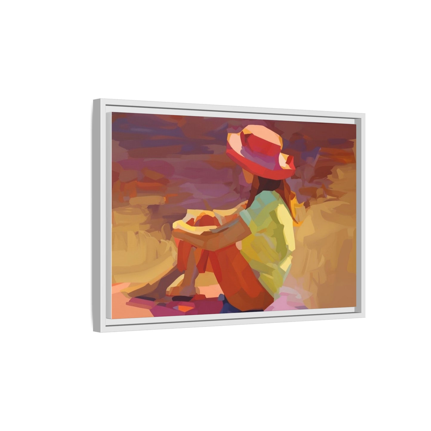 Framed Matte Canvas — Colorful Seated Girl Beach Art