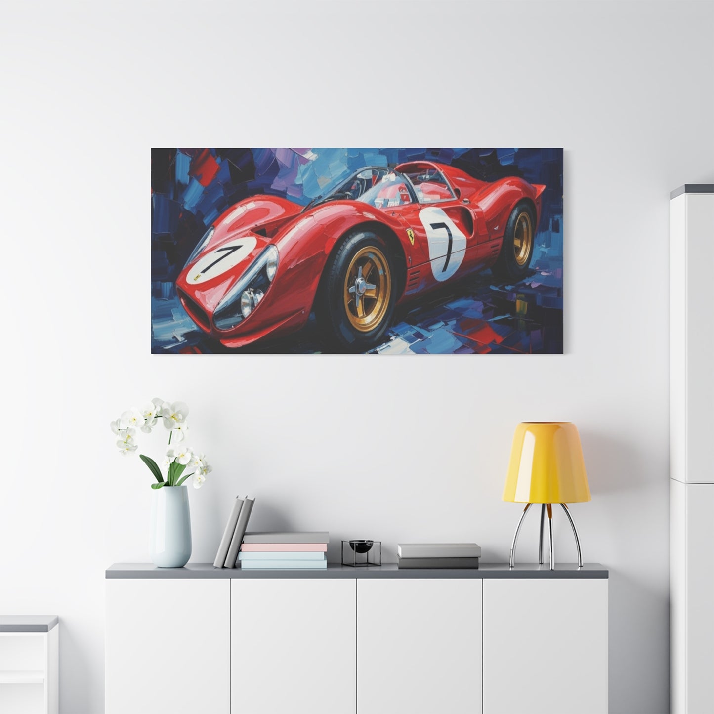 Vintage Ferrari Racing Car Canvas Print — Red Classic Sports Car Artwork (Matte Stretched)