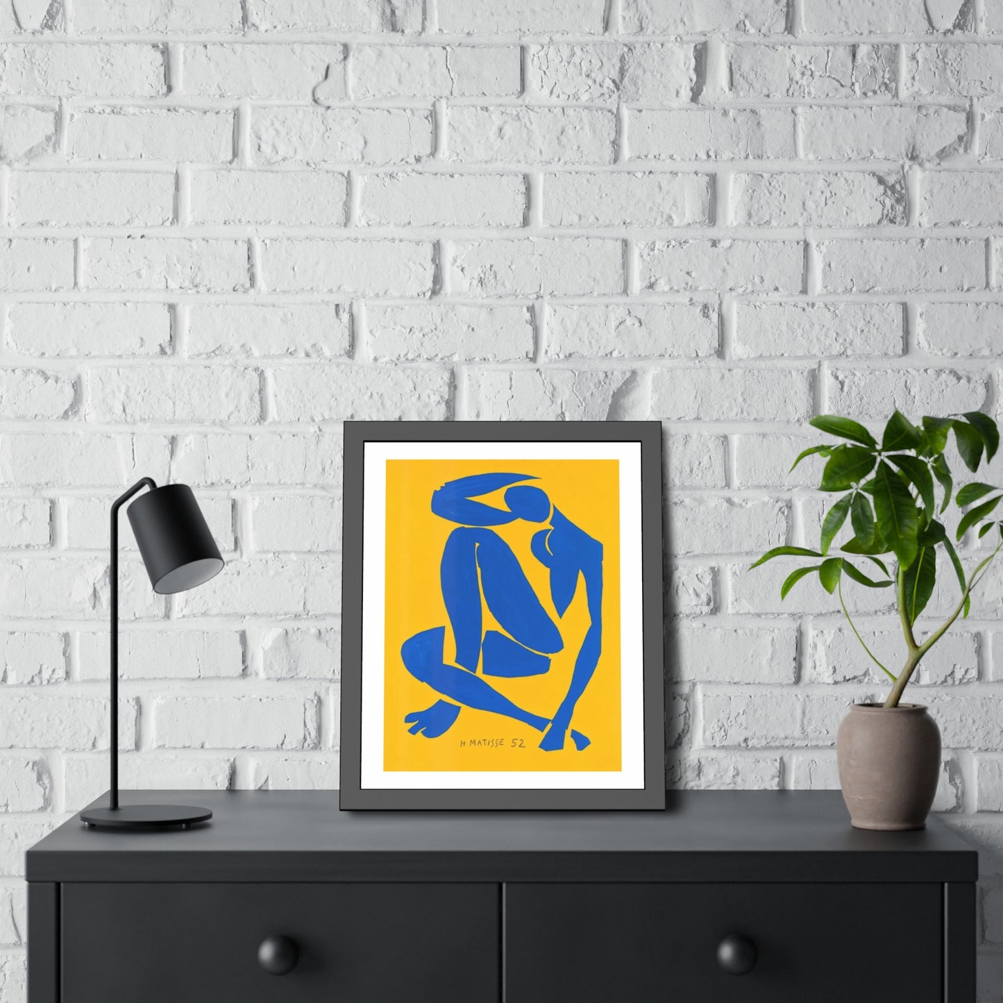 Framed Art Print - Blue Cutout Figure on Yellow (Matisse Style)