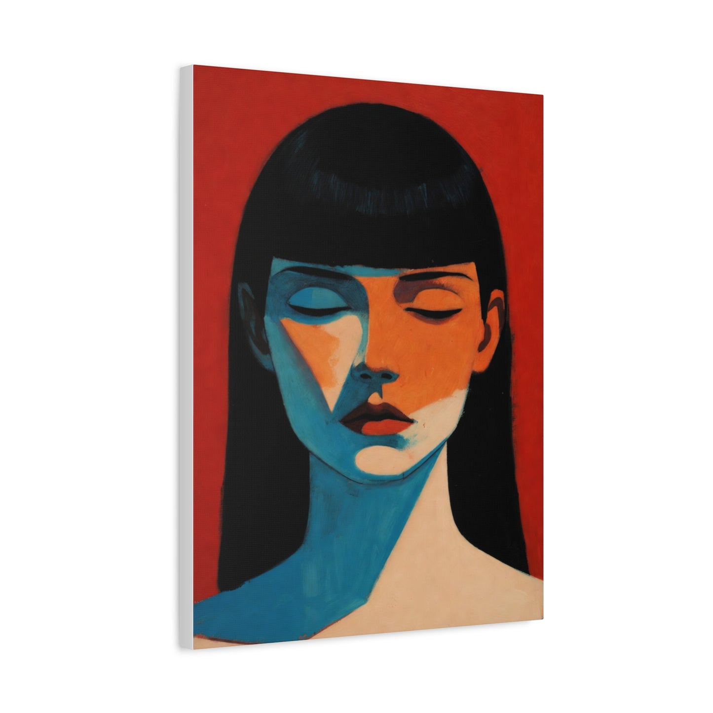 Portrait Canvas Wall Art — Modern Minimalist Woman in Red & Blue