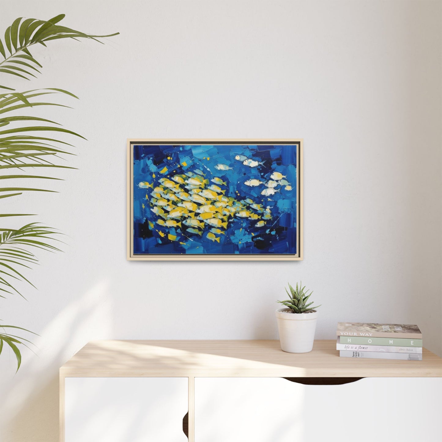 Framed Matte Canvas: Blue School of Fish Wall Art
