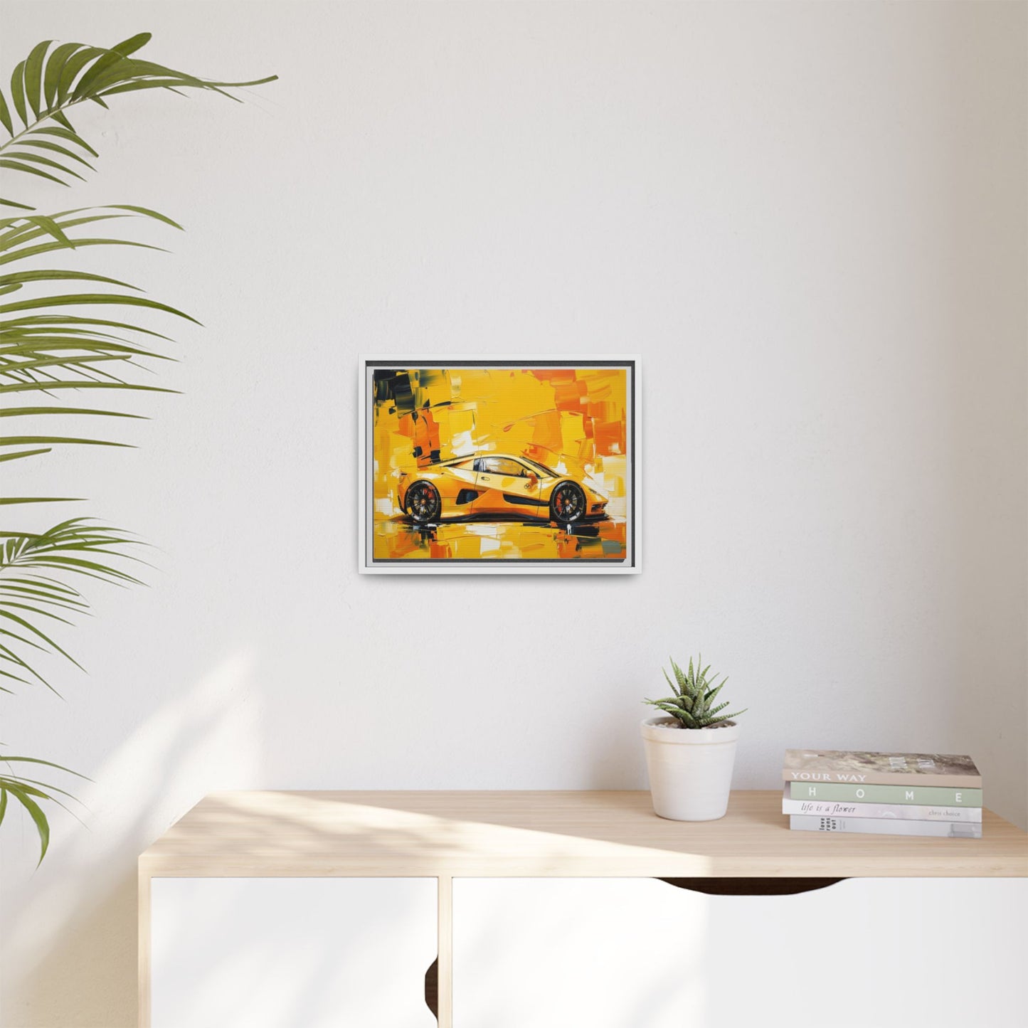 Yellow Sports Car Abstract Matte Canvas Framed Print