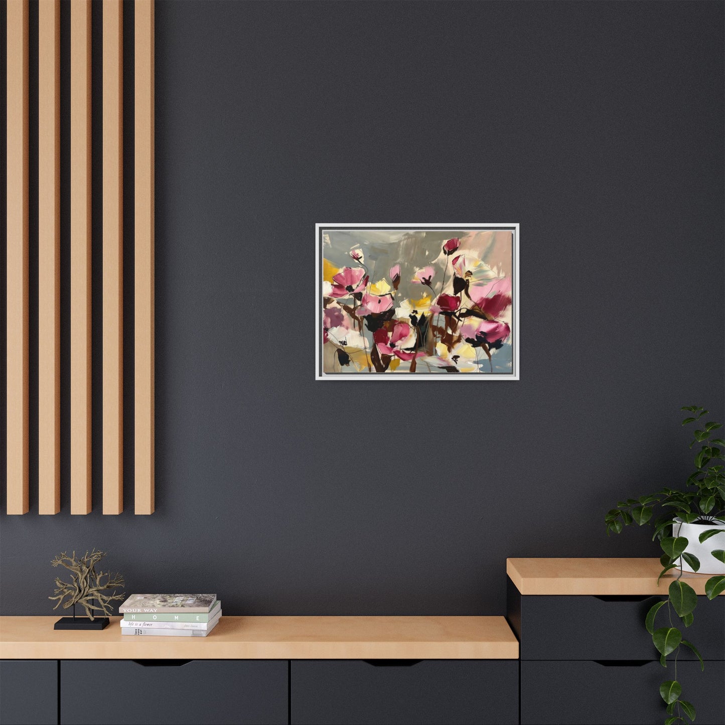 Framed Floral Canvas Wall Art — Abstract Pink & Yellow Flowers